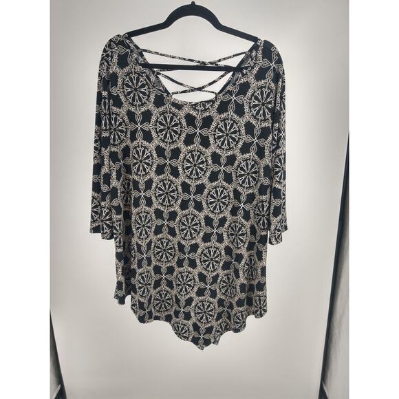 New Directions Curvy Blouse 2X Geometric 3/4 Sleeve Asymmetric Hem Black Tan - Picture 3 of 8